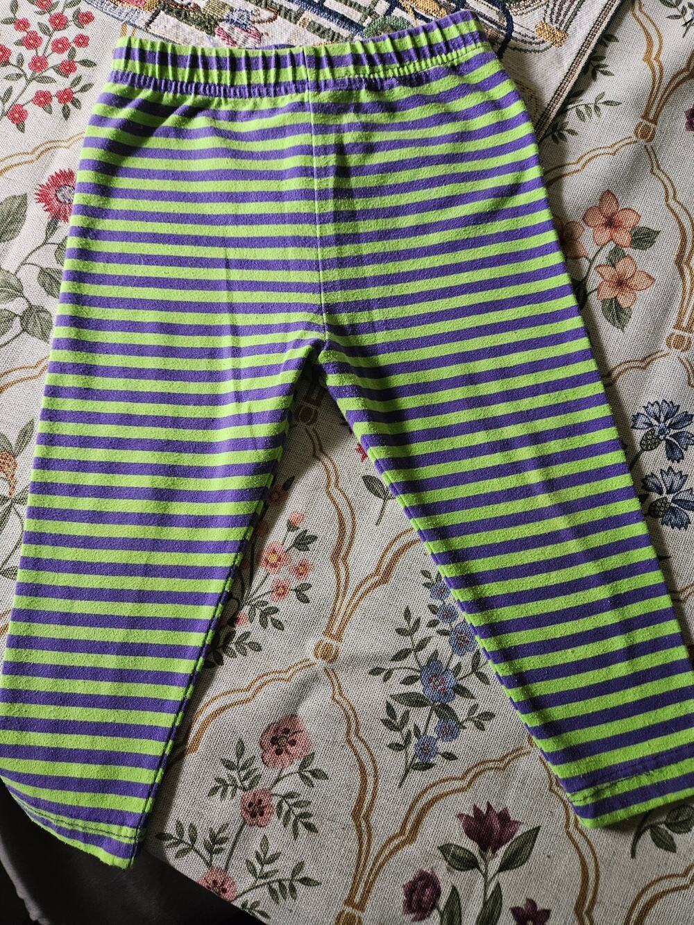 Vintage Zoodles 2t Purple & Lime Green Striped Leggings Pants Made in USA